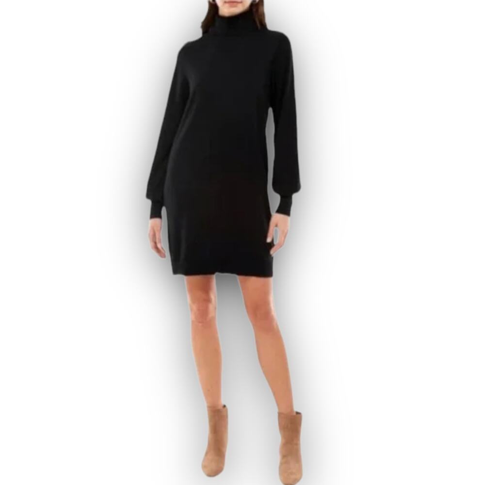 NEW WAYF Turtleneck Knit Sweater Dress Mini Length Balloon Sleeve Black Medium